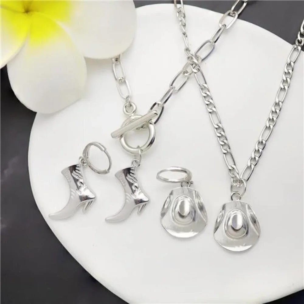 Cowgirl Chic Western Necklace Earrings Jewelry Set For Women Chunky silver